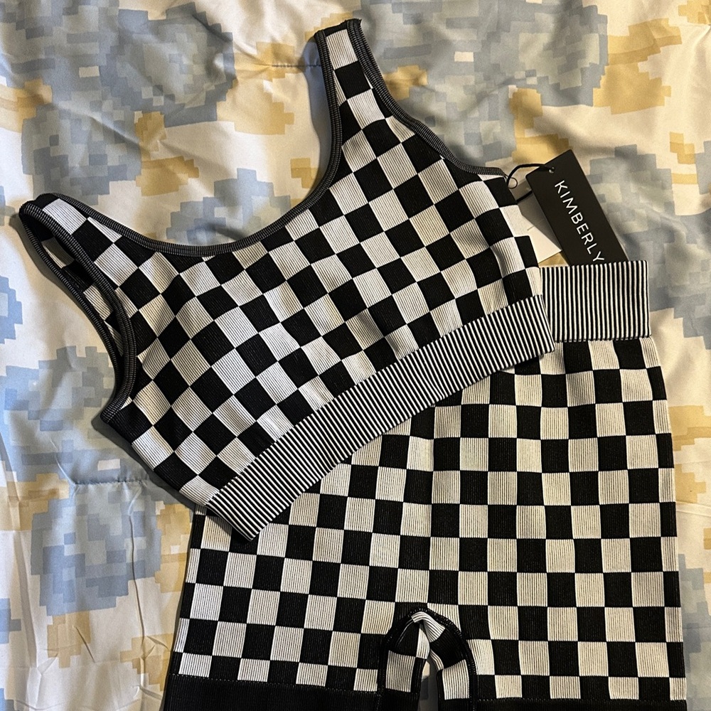 Kimberly Black and White Checkered Sports Bra